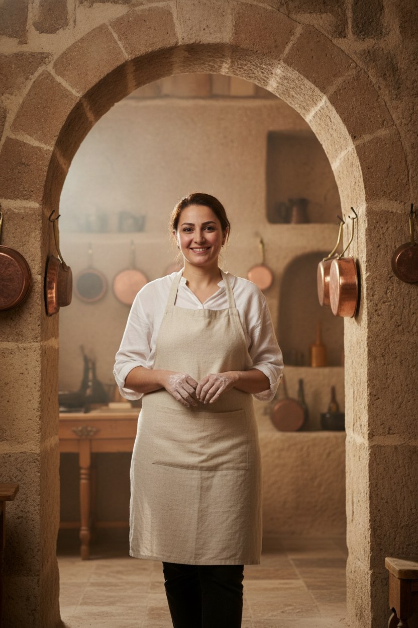Ayşe Kılıç, Göreme'deki taş mutfağında hamur açarken